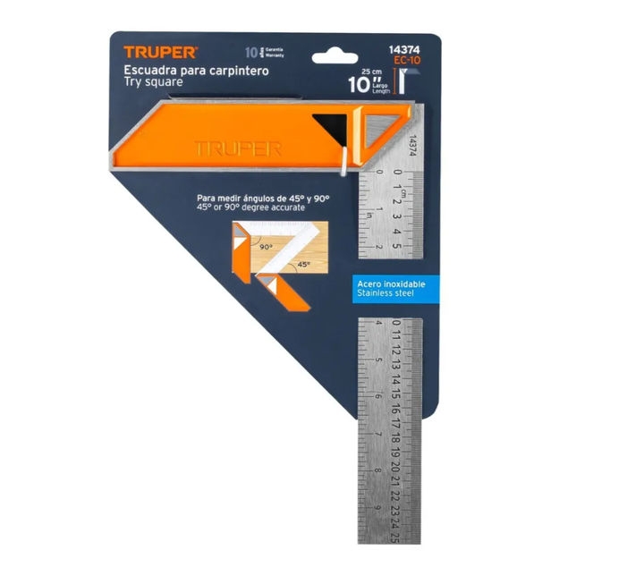 Угольник столяра 25см, полотно из нержавеющей стали Truper