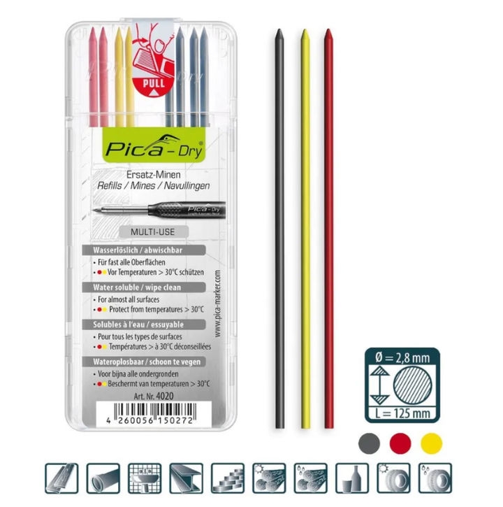 Набор грифелей для карандаша Pica 4020 (черный,желтый,красный)